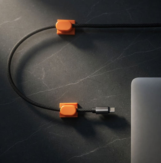 Magnetic cable organizer mounted in a car interior holding a braided charging cable