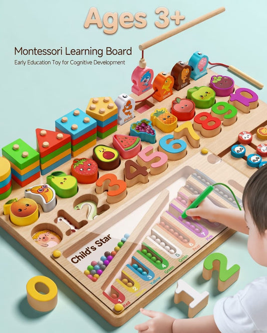 Toddler using wooden Montessori busy board for early learning and skill development