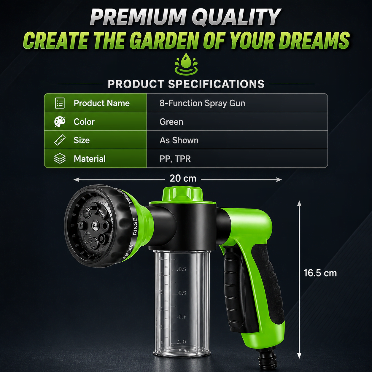 Product specifications for the multifunctional spray gun showing dimensions, color and material