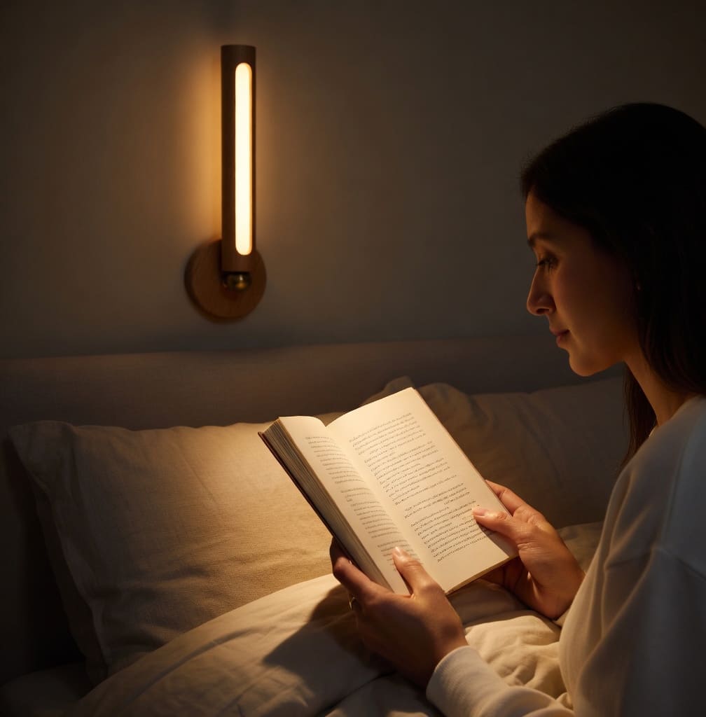 Rechargeable wooden LED wall lamp standing vertically on magnetic base with warm glow