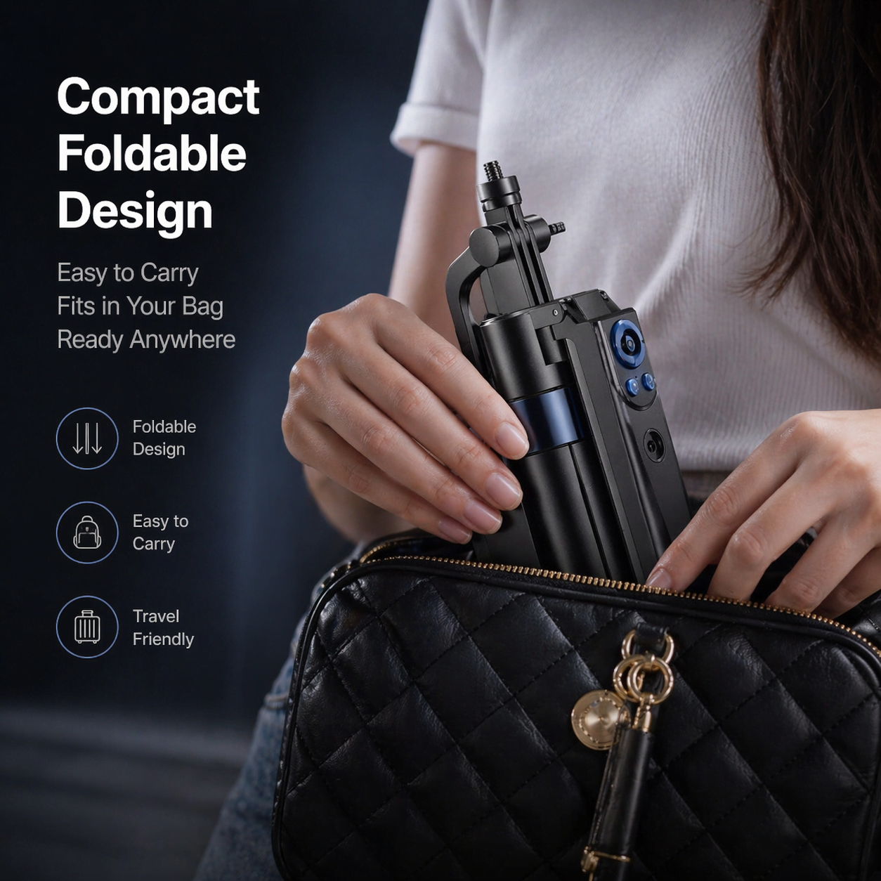 Compact foldable phone gimbal being placed into a handbag for travel