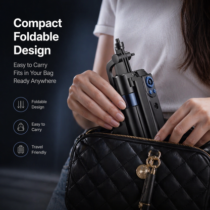 Compact foldable phone gimbal being placed into a handbag for travel
