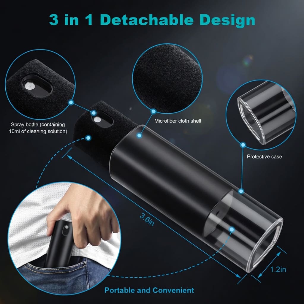 Screen Cleaner Spray for Phone, Laptop & Glasses – Anti-Fingerprint, Built-in Microfiber + Free 50ML Refill