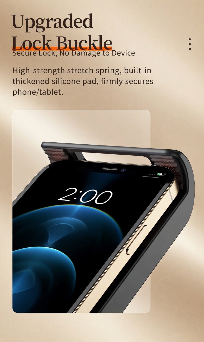 Patented locking clamp base for gooseneck phone holder on thick and thin surfaces