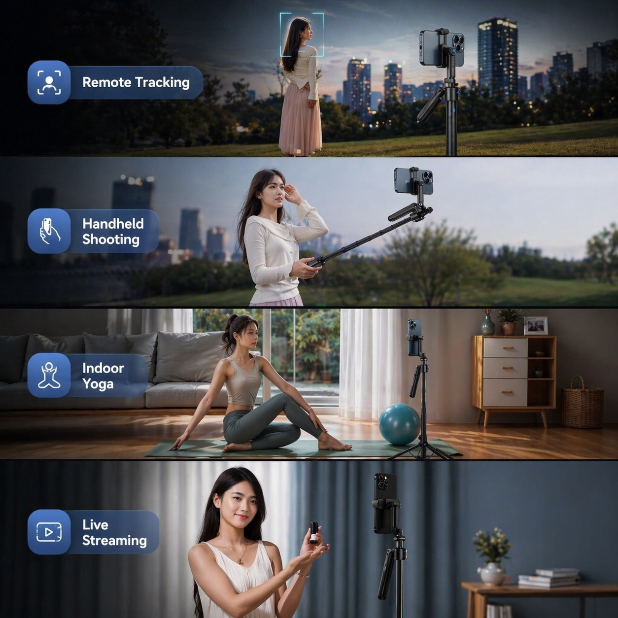 Beauty creator using AI face tracking gimbal with ring fill lights for filming