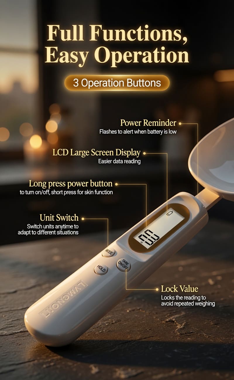 Ergonomic handle design on rechargeable digital kitchen spoon scale