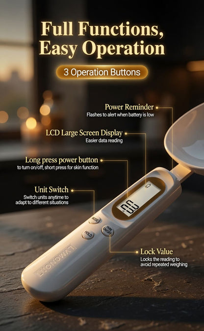 Ergonomic handle design on rechargeable digital kitchen spoon scale