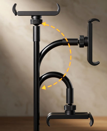 Gooseneck phone holder with 360 degree adjustable arm and rotating phone clamp