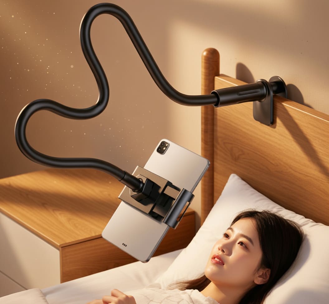 Close-up of gooseneck phone holder with secure silicone grip protecting smartphone edges