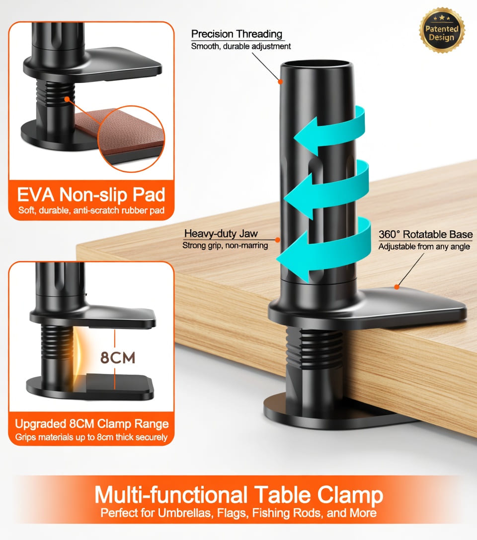 Flexible 1.2 meter gooseneck phone holder with 360 degree rotation and clamp base