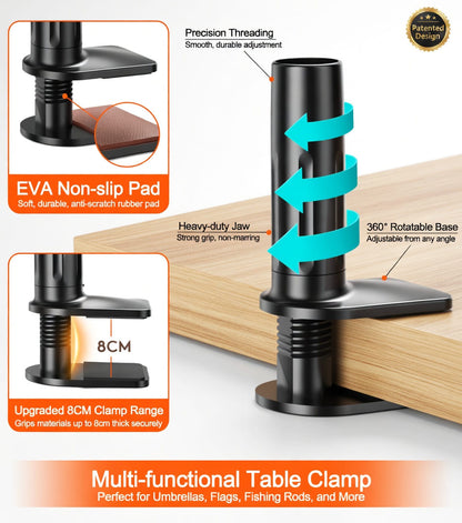 Flexible 1.2 meter gooseneck phone holder with 360 degree rotation and clamp base