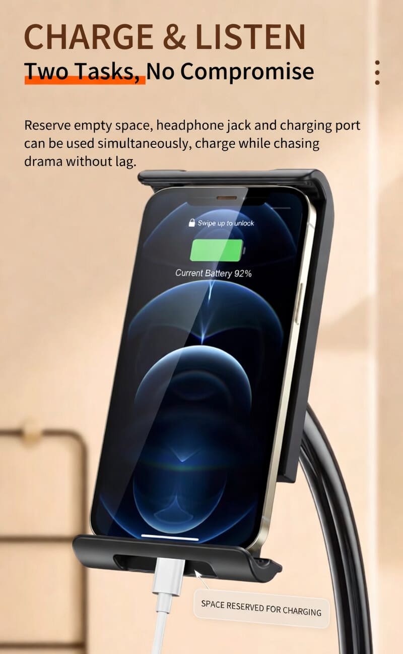 Patented locking clamp base for gooseneck phone holder on thick and thin surfaces