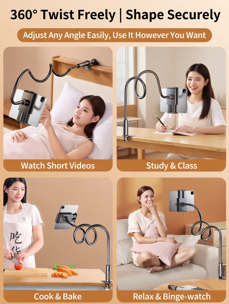 Gooseneck phone holder shown with multiple device sizes for everyday compatibility
