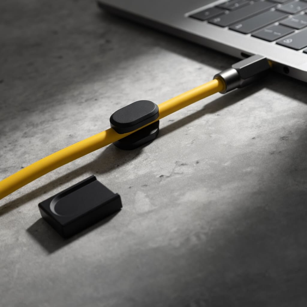 Magnetic cable organizer showing compatibility with round flat power and data cables