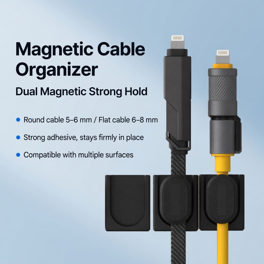 Black magnetic cable organizer product variant for desk and cable management