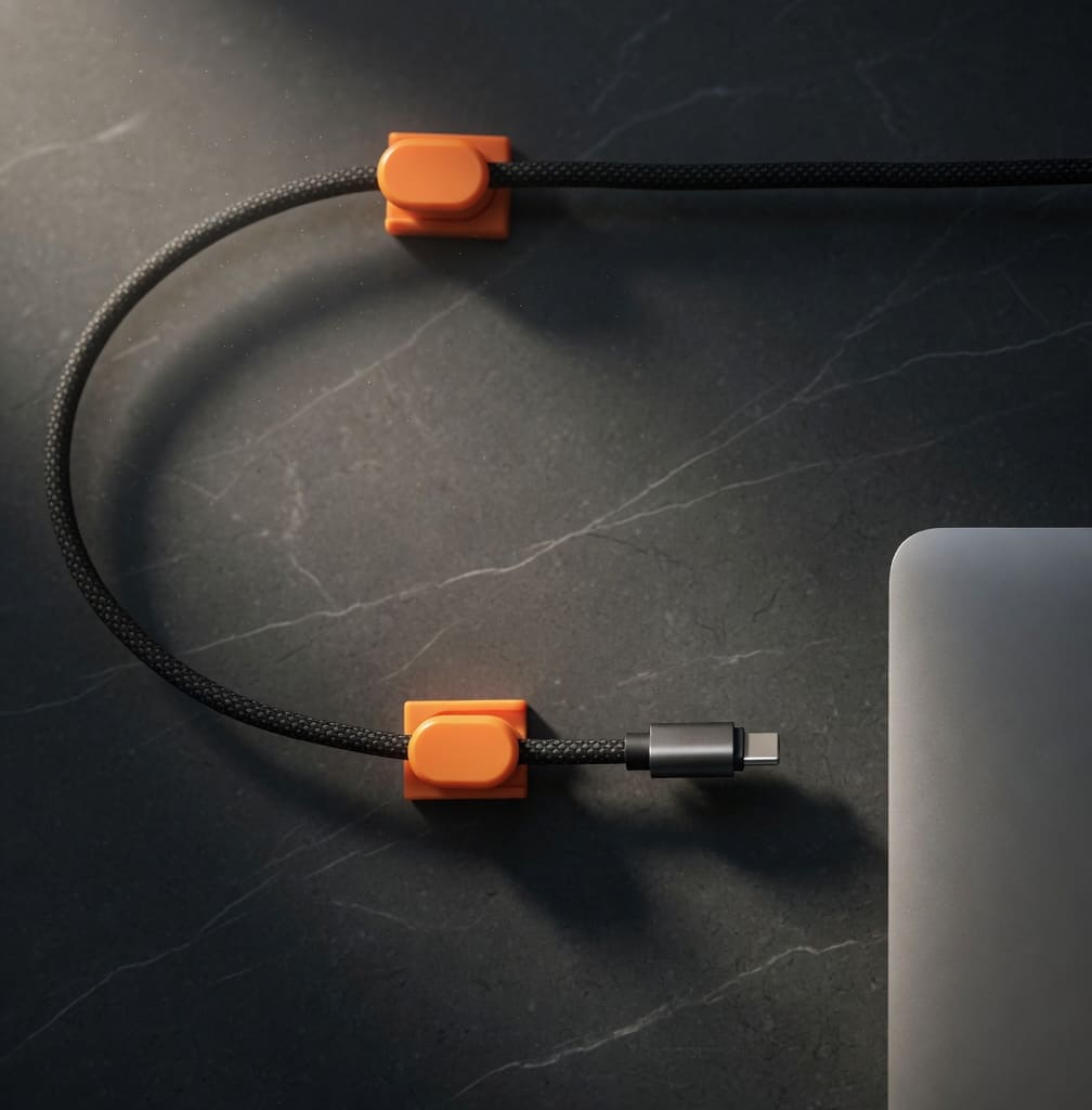 Magnetic cable organizer mounted in a car interior holding a braided charging cable