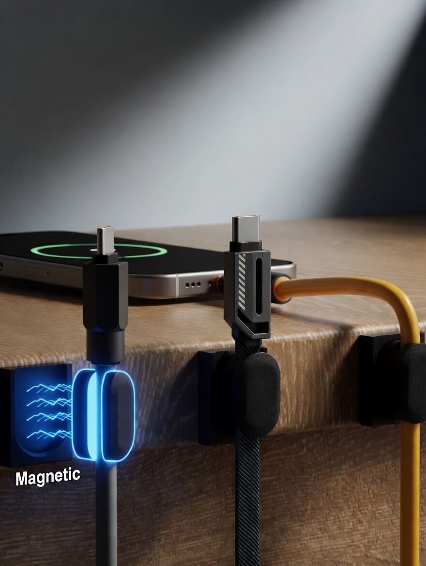 Dual magnetic cable organizer fixed to a desk edge with charging cables snapped in place
