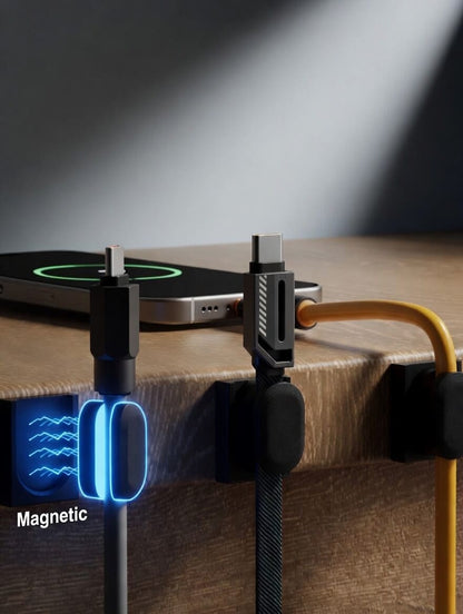 Dual magnetic cable organizer fixed to a desk edge with charging cables snapped in place