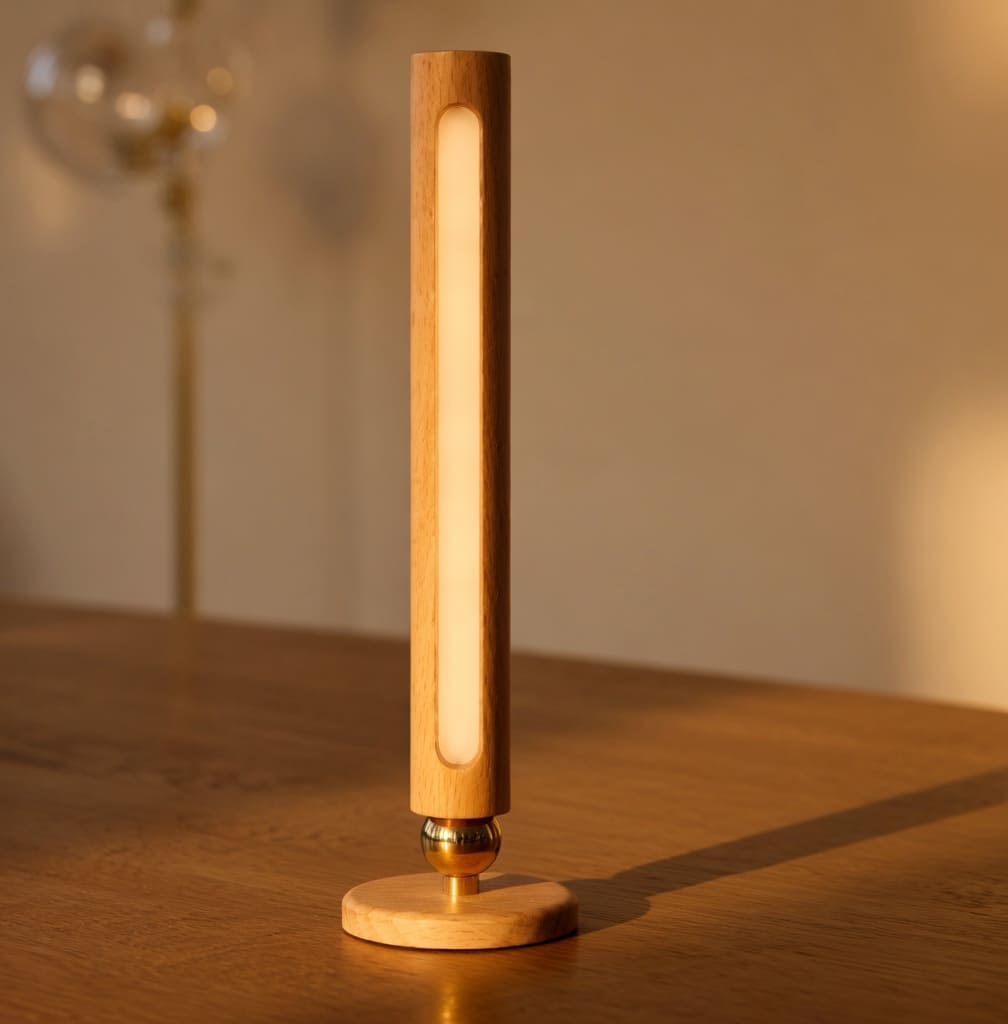 Close-up of magnetic wooden lamp charging port and USB cable for rechargeable use