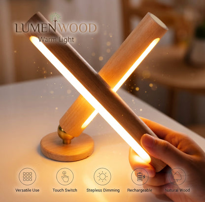 Finger activating touch switch on wooden wall lamp with warm ambient light
