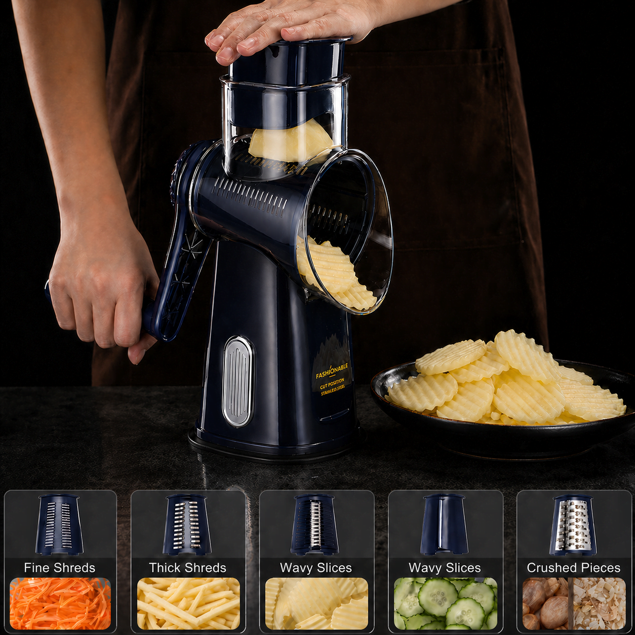 Close-up of manual vegetable slicer with stainless steel blades on clean white background