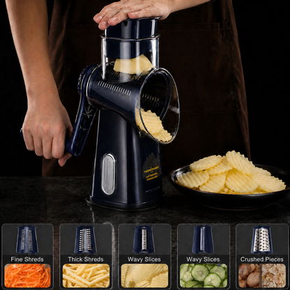 Close-up of manual vegetable slicer with stainless steel blades on clean white background