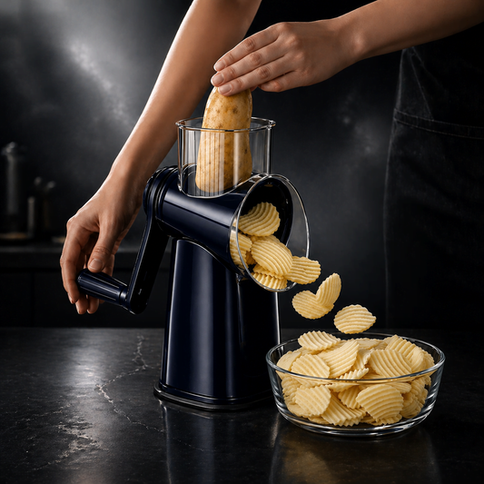 Manual rotary vegetable slicer cutting wavy potato chips into glass bowl fast and evenly