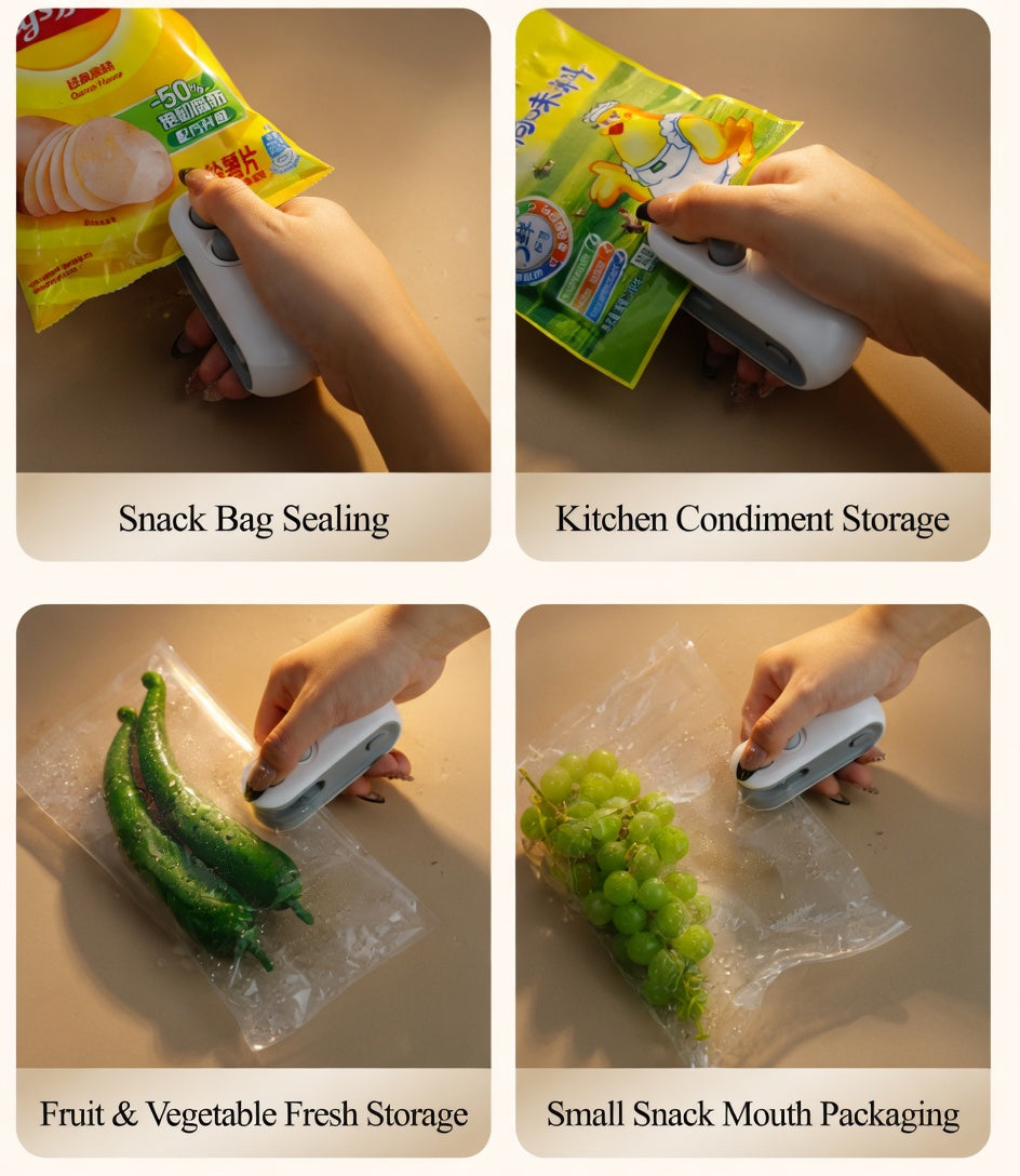 Mini heat sealer closing a snack bag with one press and one pull