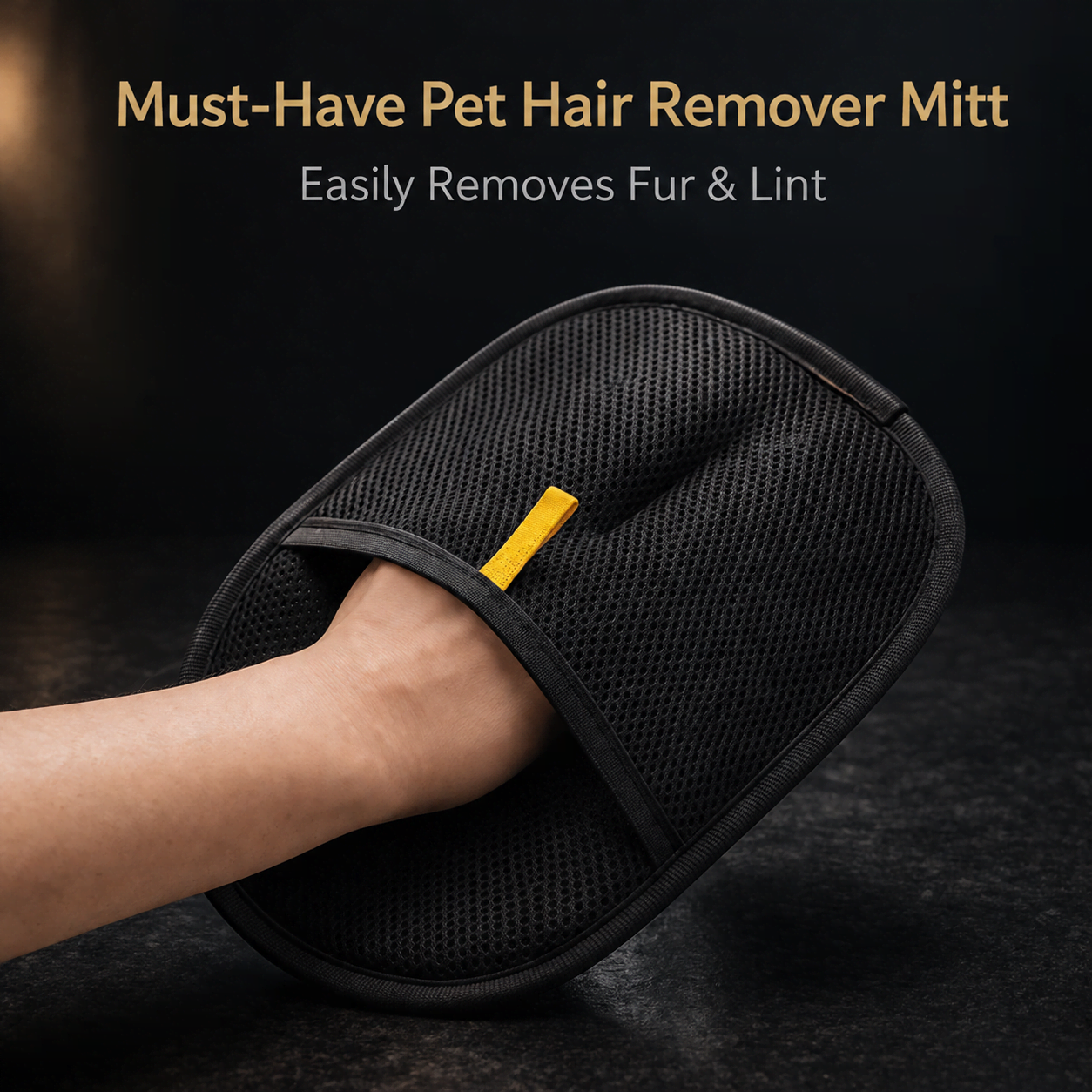 Black pet hair remover mitt collecting dog fur from a brown leather sofa