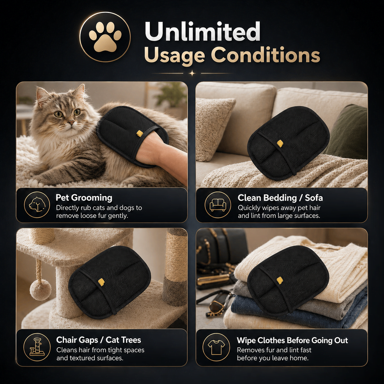 Reusable pet hair cleaning mitt for removing lint and fur from pet beds and furniture