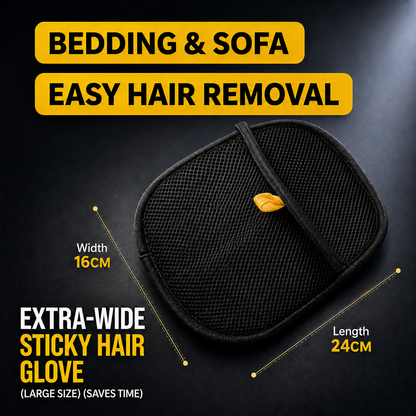 Pet hair remover mitt user instruction image showing how to wear, wipe, collect, and clean