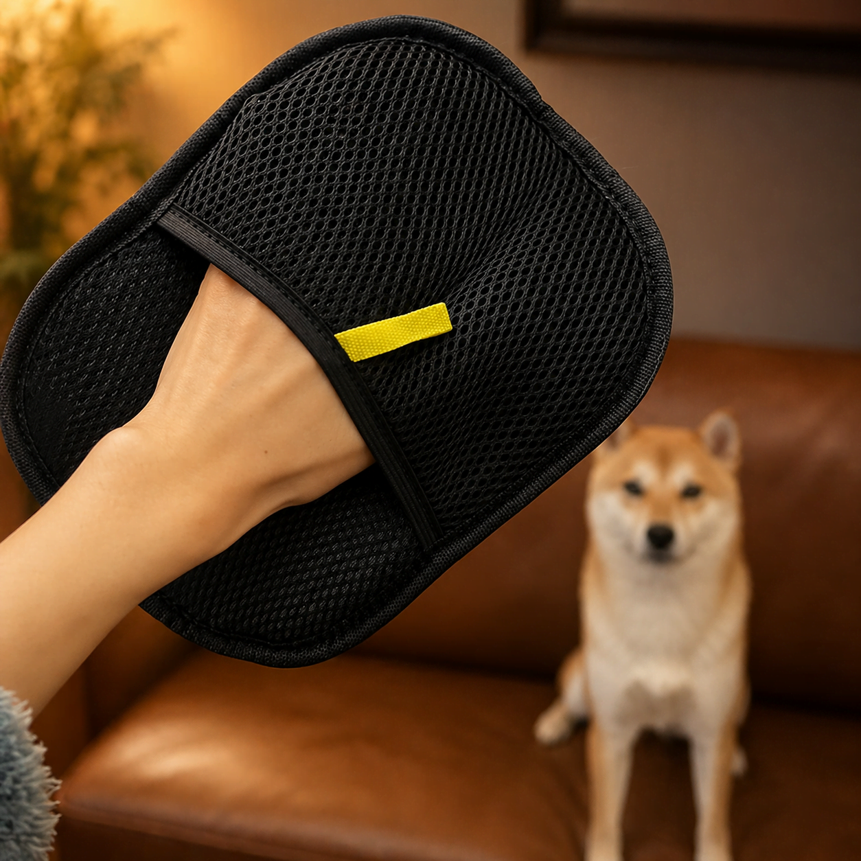 Hand wearing black pet hair remover mitt for easy fur removal on sofa surfaces