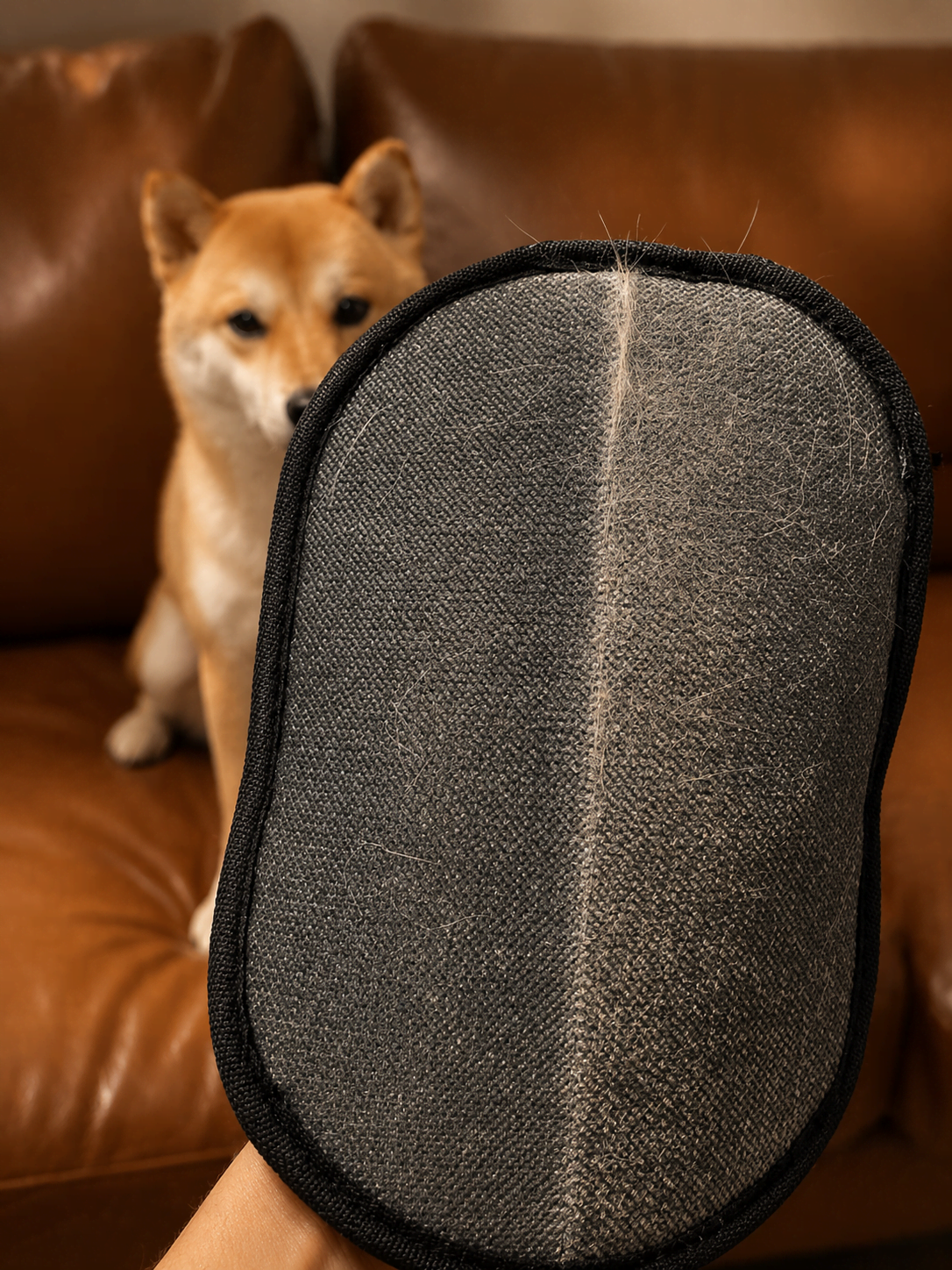 Pet fur removal mitt demonstration with Shiba Inu dog sitting on a leather sofa