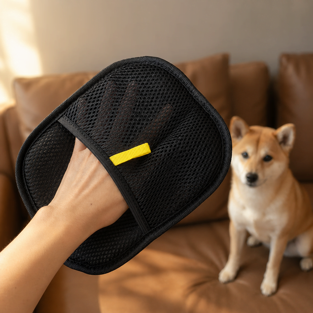 Pet hair remover mitt close-up showing textured surface designed to trap loose fur