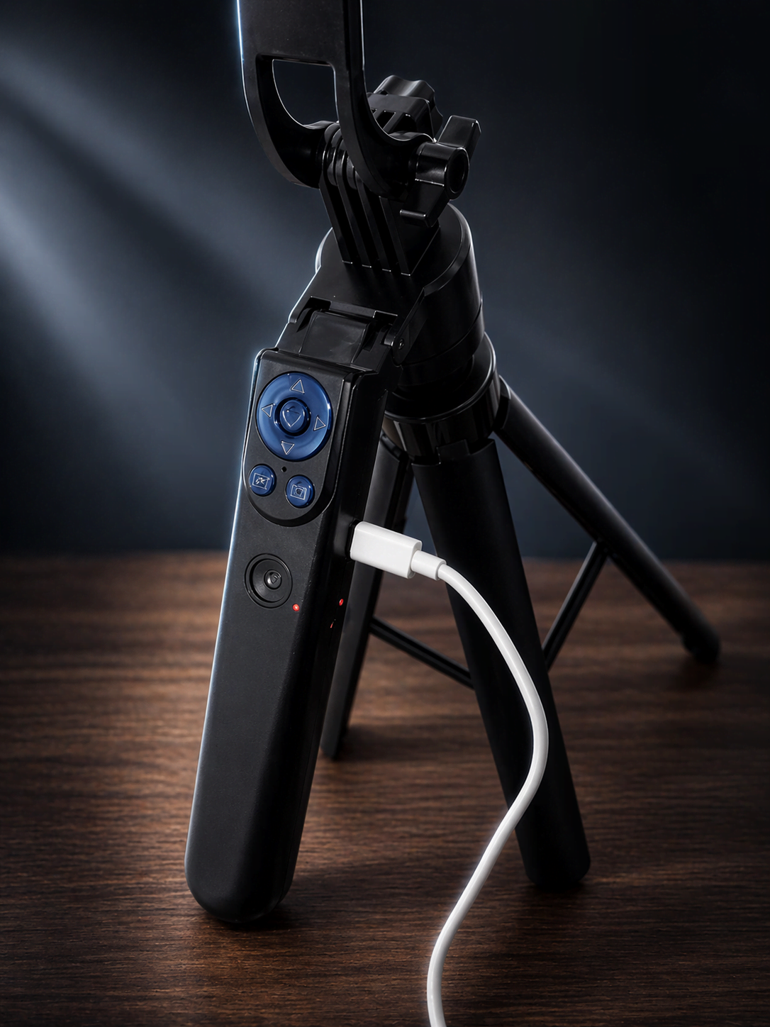 Phone mounted on AI gimbal tripod recording an outdoor video scene