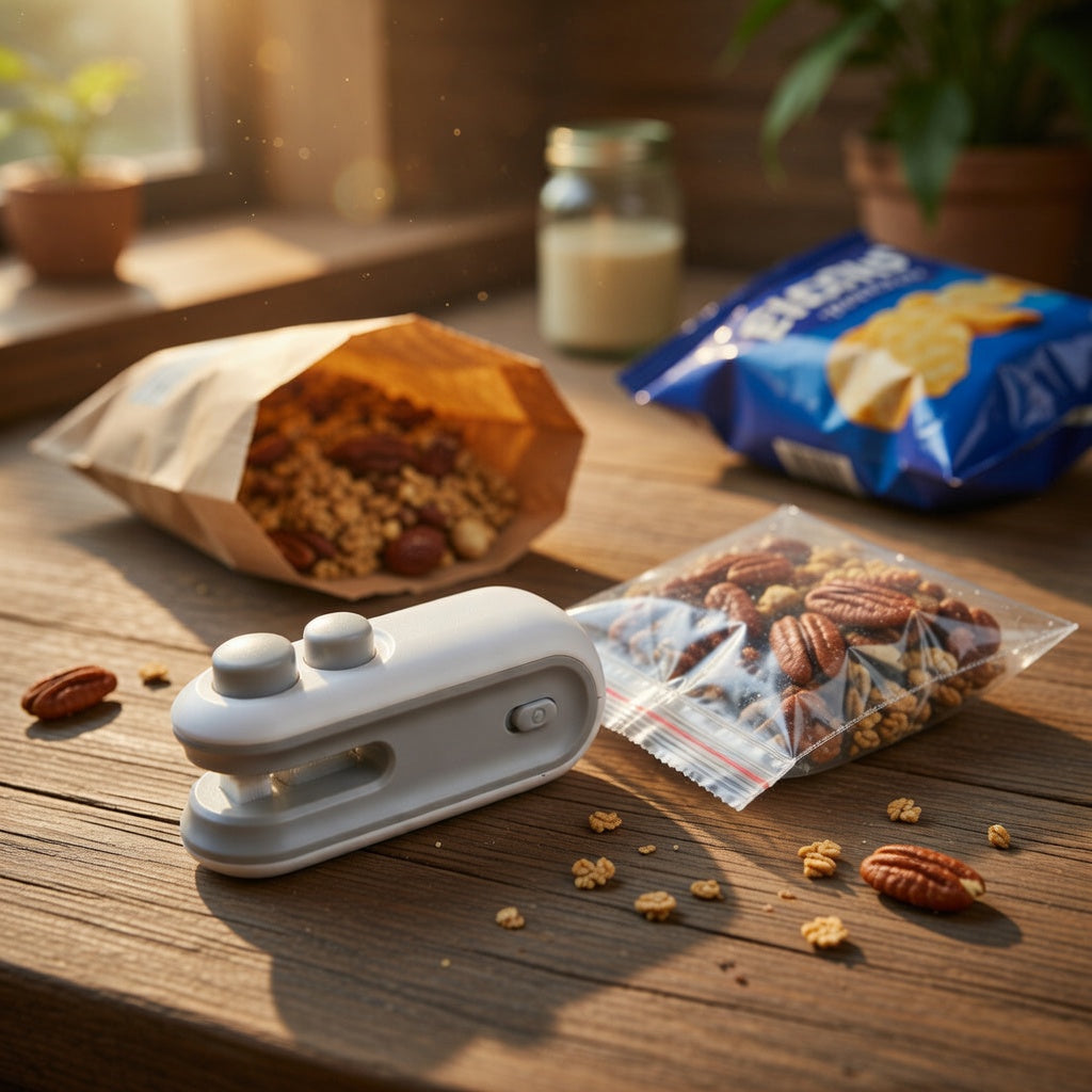 Two rechargeable mini heat sealers with USB cable and food packaging example