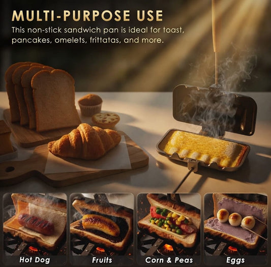 Closed stovetop sandwich toaster pan with long wooden handles