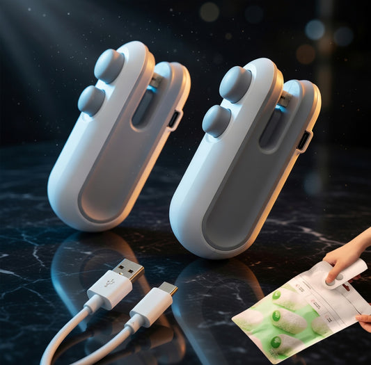 Portable USB mini bag sealer sealing a snack bag on a wooden table