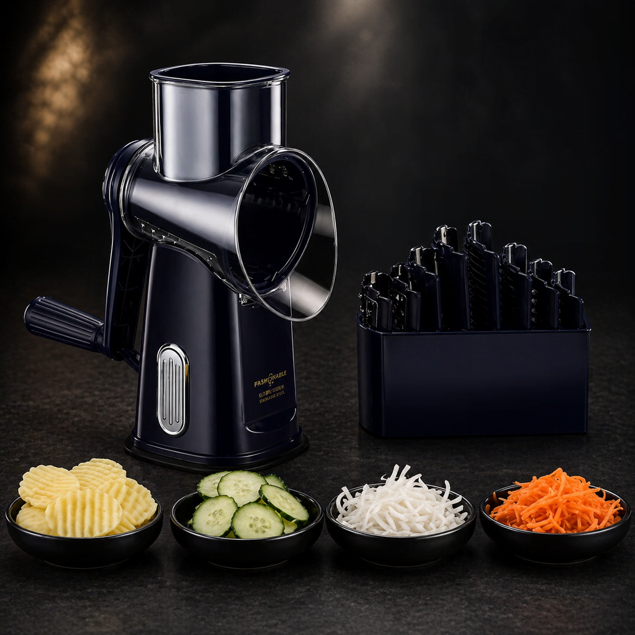 Rotary vegetable slicer with multiple blade attachments and storage box for kitchen use