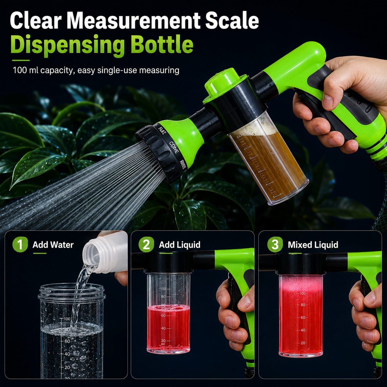 Step by step use of the transparent measurement bottle with the multifunctional spray gun